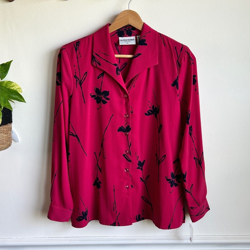 Vintage Alfred Dunner Petite Magenta Pink Black Floral Button Down Blouse Casual